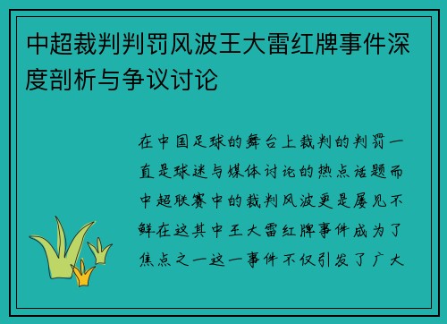 中超裁判判罚风波王大雷红牌事件深度剖析与争议讨论